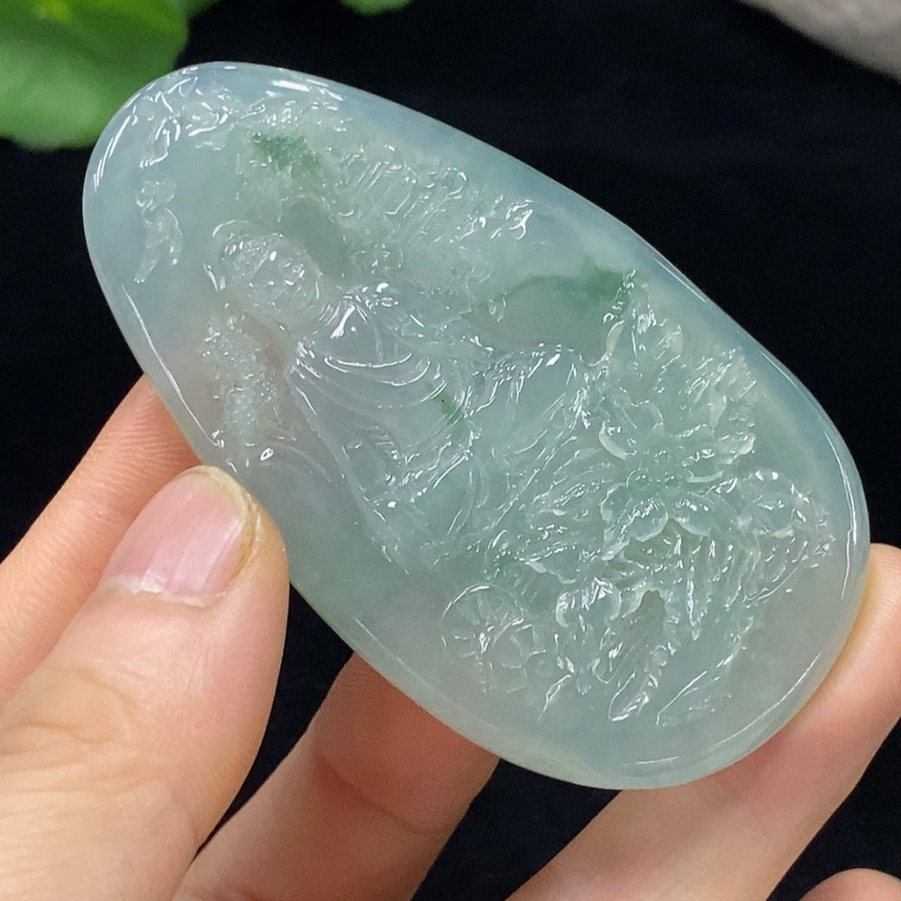 Jadeite Guanyin pendant in green jade, detailed carving, weight approx. 36.45g, crafted by HUILIU HQ, intricate religious jewelry piece