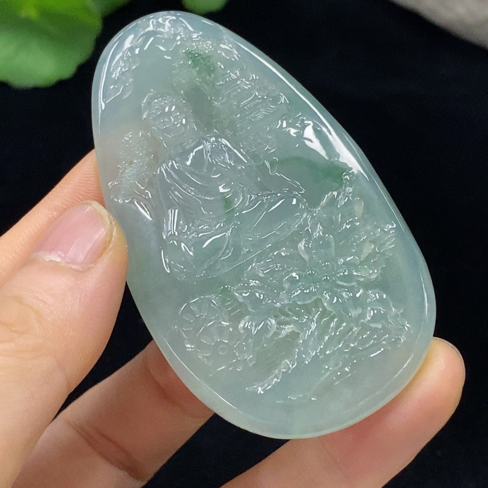 Jadeite Guanyin pendant from HUILIU HQ, carved from green jade, weighing approximately 36.45 grams, detailed figure design.