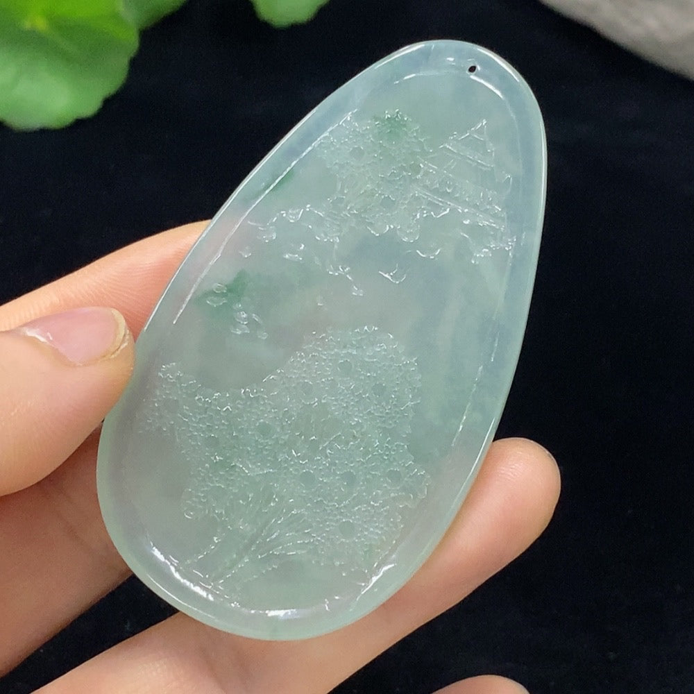 Jadeite Guanyin pendant from HUILIU HQ, carved from green jade, weighs approximately 36.45g, with intricate detailing.