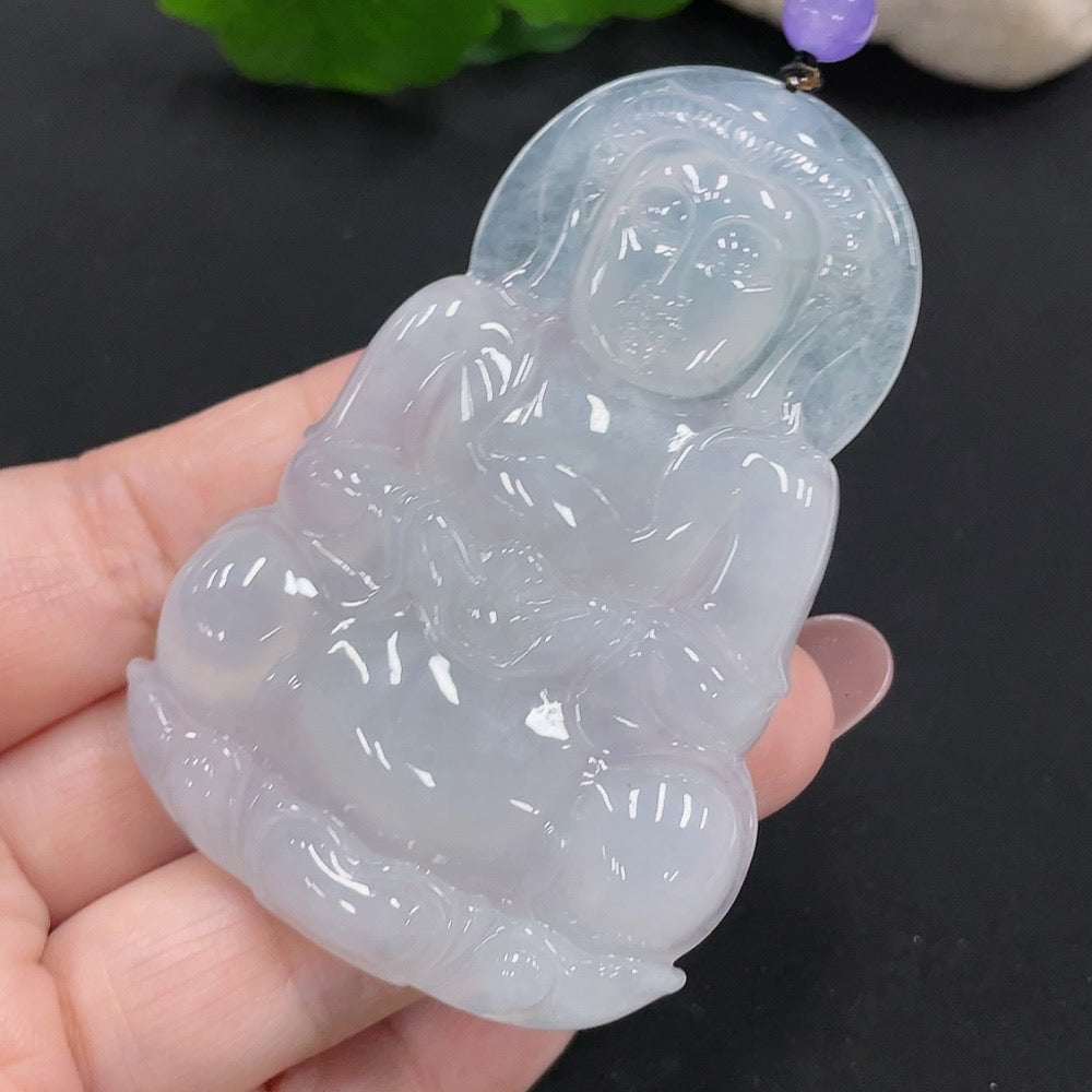 Jadeite Guanyin pendant by HUILIU HQ with accompanying beads, weighs approximately 36.9g, crafted from high-quality jade.
