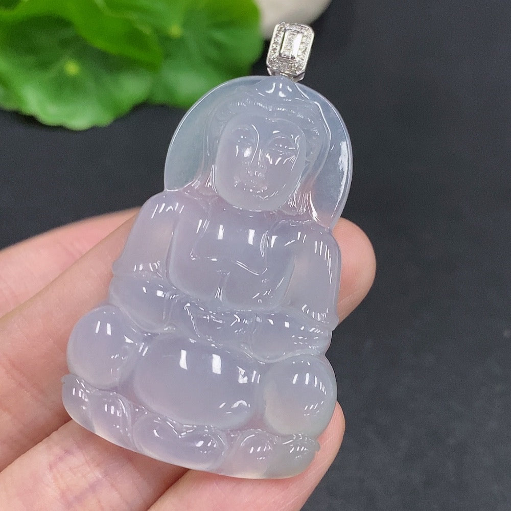 Jadeite Guanyin pendant with 18K gold clasp, set with diamonds, crafted from green jade, weighs approximately 14g, by HUILIU HQ.