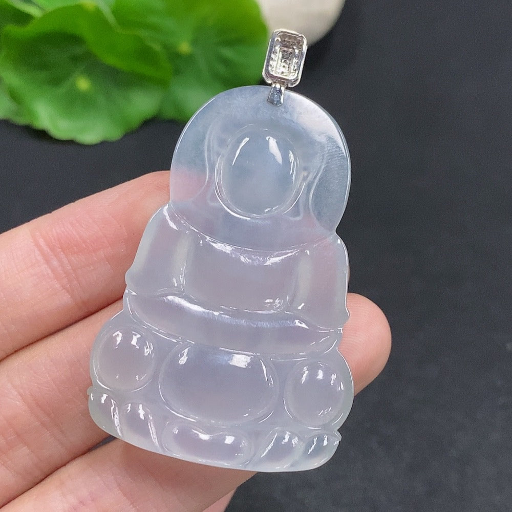 Jadeite Guanyin pendant with 18K gold clasp, set with diamonds, showcasing intricate carved jade figure and elegant jewelry design.