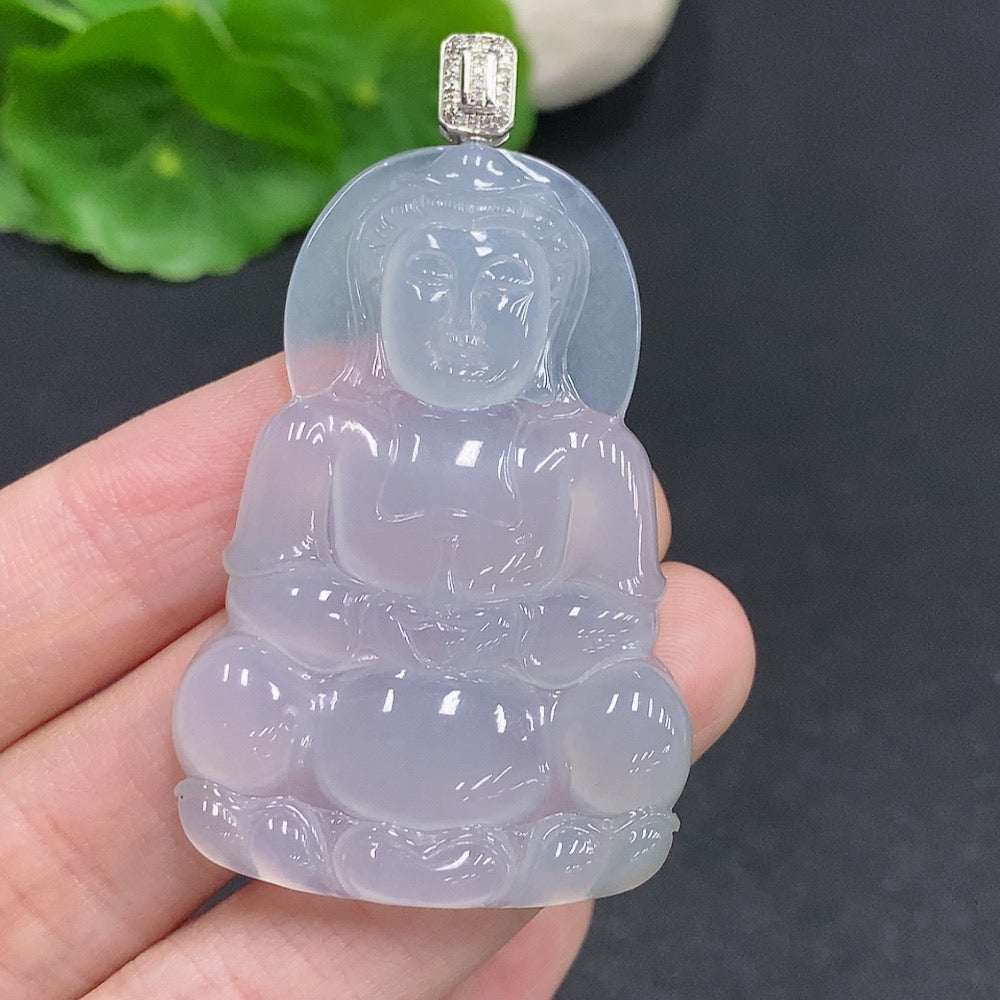 Jadeite Guanyin pendant with 18K gold clasp and diamonds, crafted from green jade, weighs approx. 14g, by HUILIU HQ.