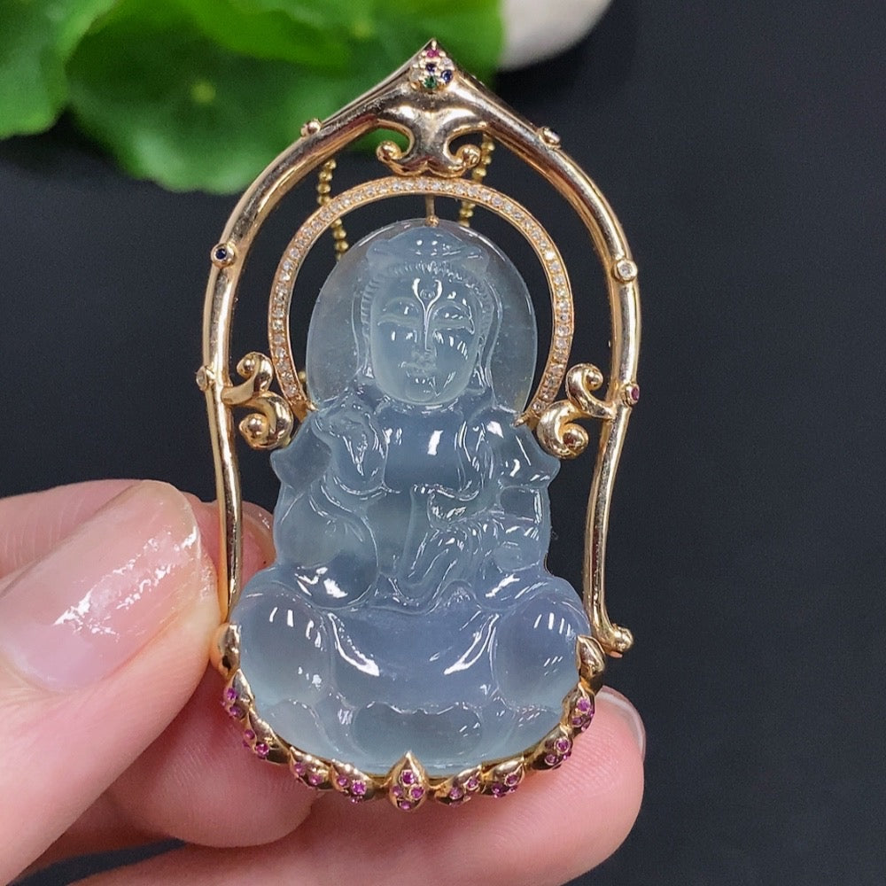 Huiliu Jadeite Guanyin pendant with colorless diamond accents, non-chain design, crafted from high-quality jade, Huiliu certified.