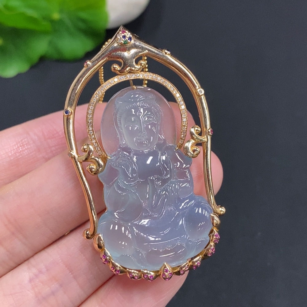 Huiliu Jadeite Guanyin pendant with colorless diamond accents, non-chain, carved jade, Huiliu certified jewelry.