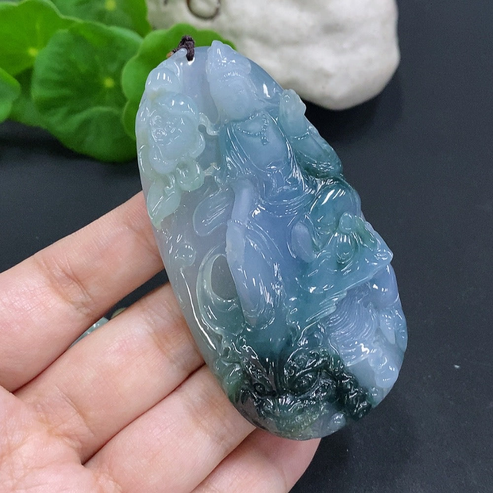 Jadeite Imperial Dragon Guanyin pendant with chain, crafted from jade, weighing approximately 128.2g, with a detailed carved design.