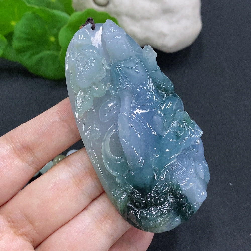 Jadeite Imperial Dragon Guanyin pendant with chain, crafted from jade, weighs approximately 128.2g, with undetermined color origin.