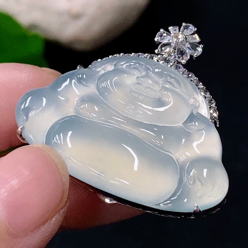 Jadeite inlaid Buddha pendant with diamond accents, crafted by HUILIU HQ, weighing approximately 10.22g, featuring 18k gold details.