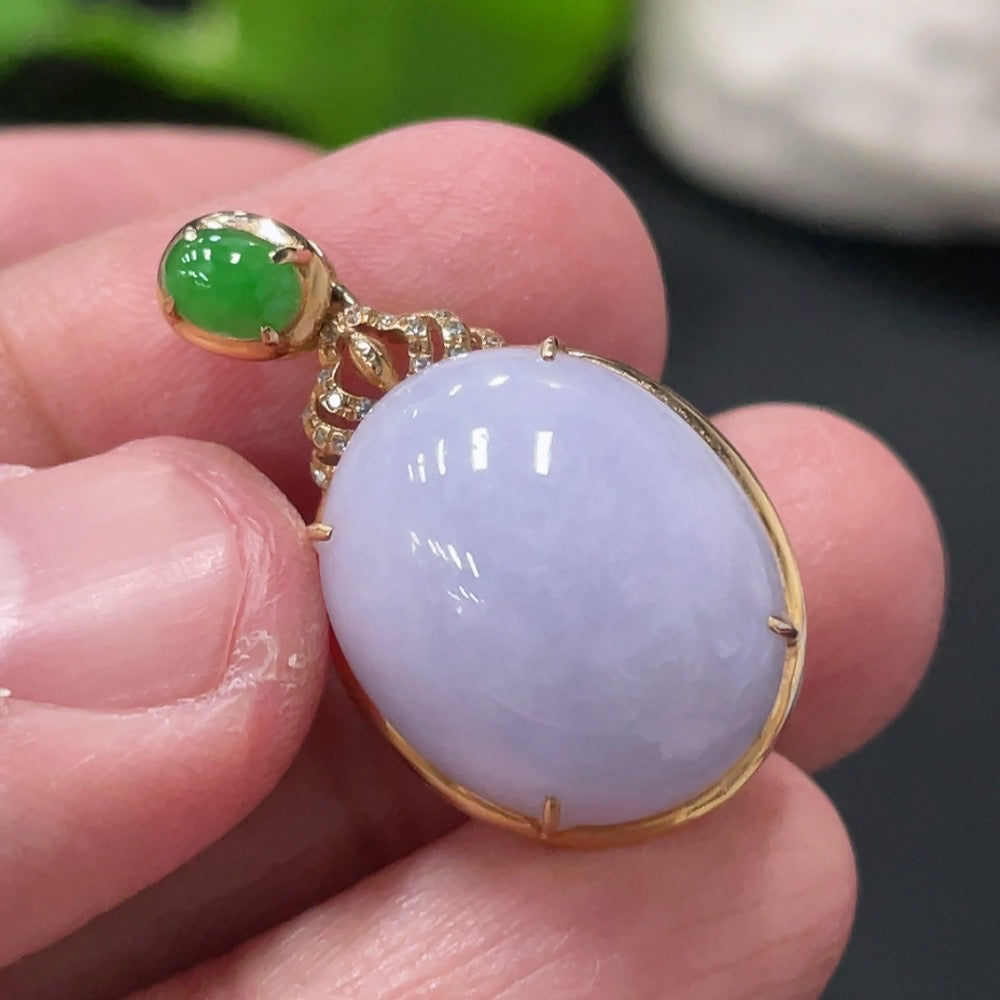 Huiliu certified jadeite inlaid cabochon pendant with diamond accents, showcasing intricate craftsmanship and elegant design.
