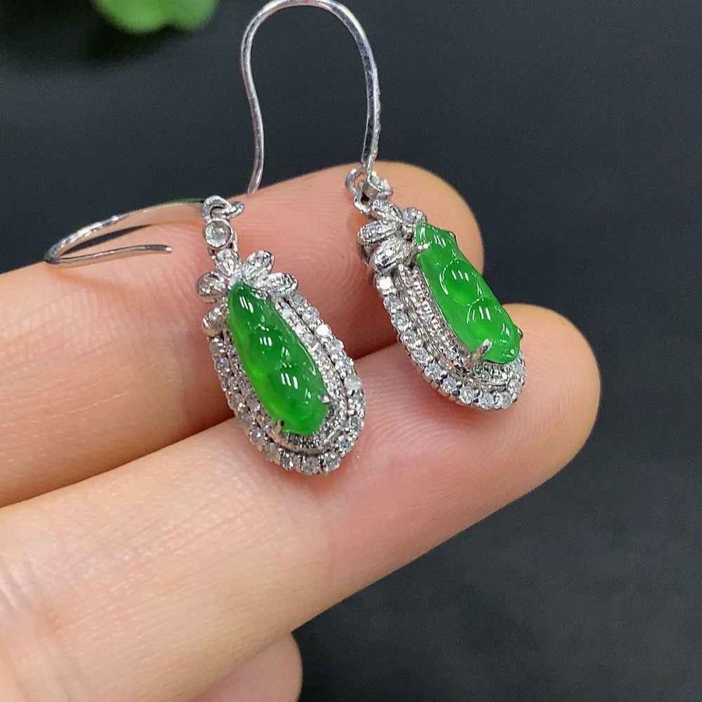 HUILIU HQ jadeite inlaid earrings with 18K gold, featuring intricate jade designs and a total weight of approximately 3.29g.