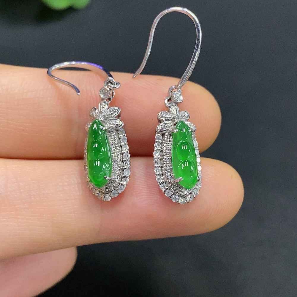 HUILIU HQ jadeite inlaid earrings with 18K gold, featuring intricate jade inlay and a total weight of approx. 3.29g.