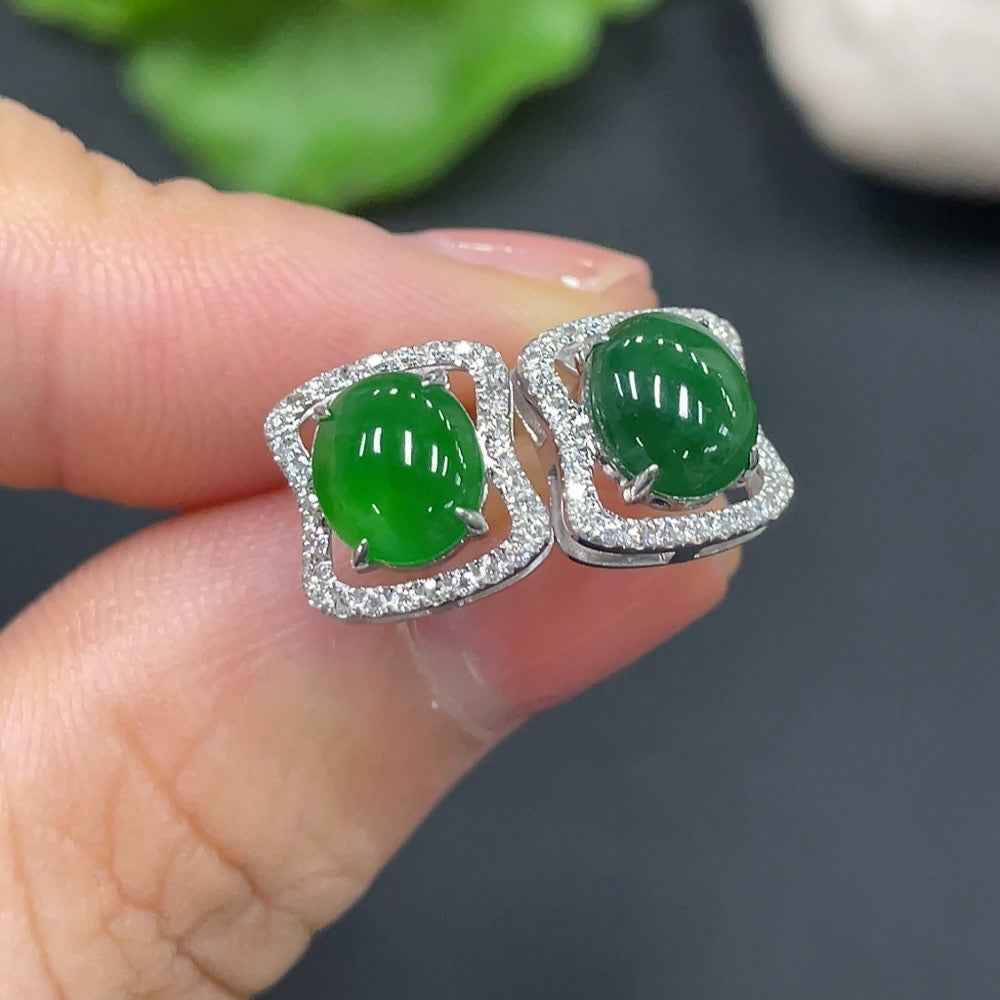 HUILIU HQ jadeite inlaid earrings pair with 18K gold settings, showcasing elegant jade stones and gold ear stoppers.