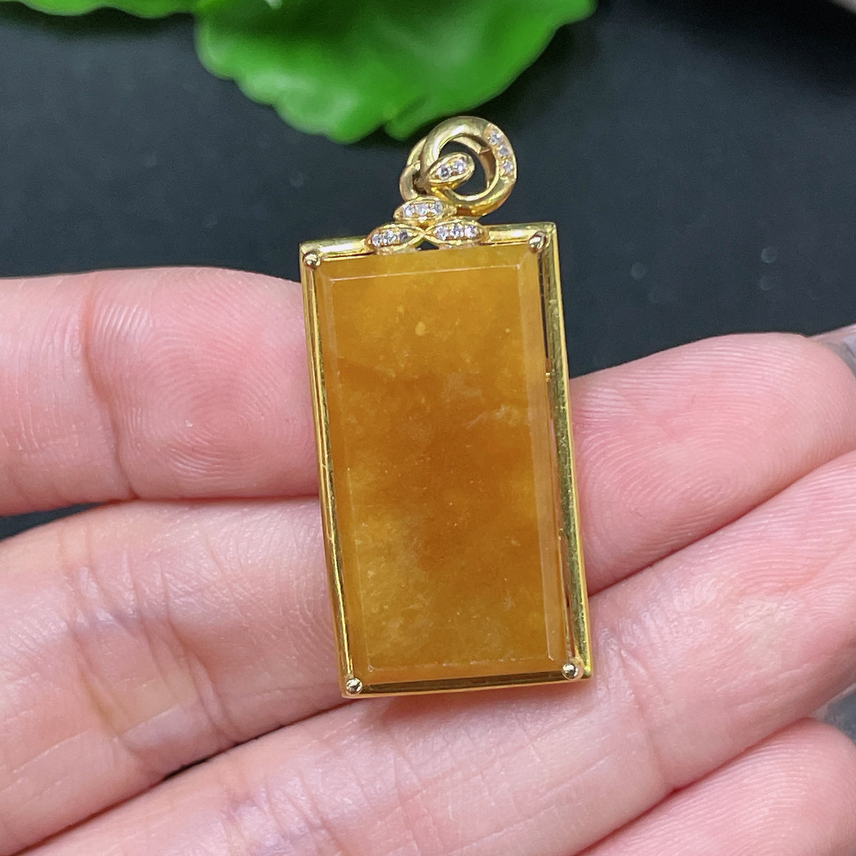 Huiliu certified jadeite inlaid piece with yellow color, undetermined origin, showcasing intricate craftsmanship and natural jade appearance.