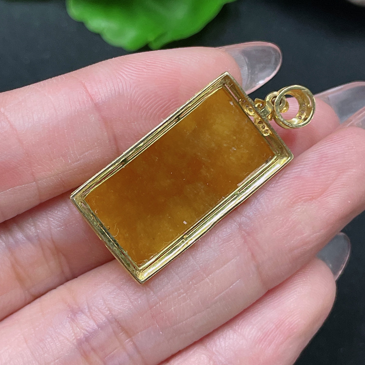 HUILIU HQ jadeite inlaid piece with yellow color, undetermined origin, certified jade jewelry, detailed craftsmanship visible.