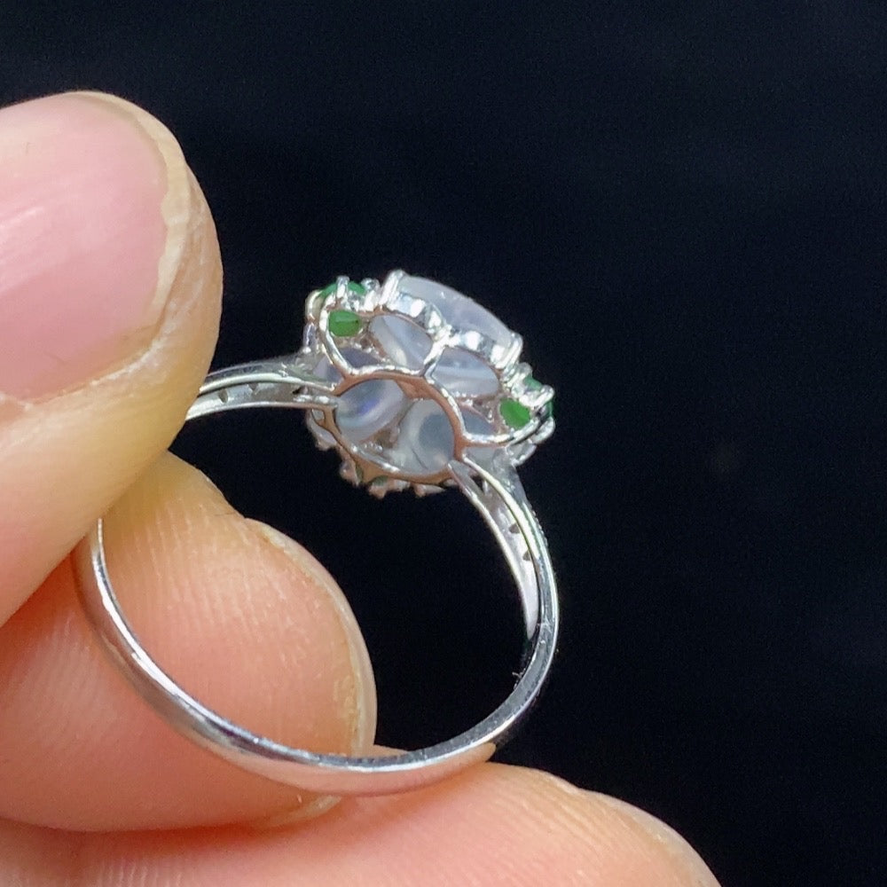 Jadeite inlaid ring with 18k gold band, size 13, crafted by HUILIU HQ, featuring intricate jade inlay and a total weight of 2 grams.