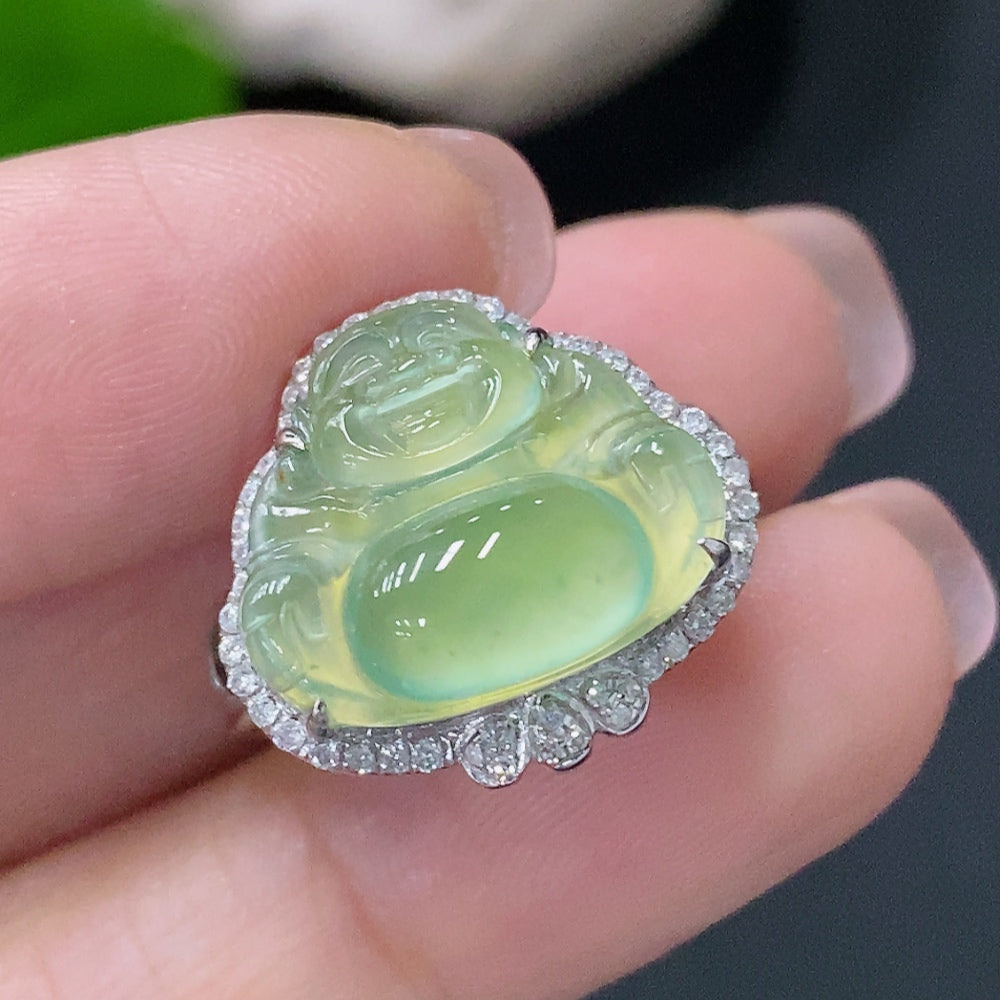 HUILIU HQ jadeite inlaid ring with 18k gold and diamond accent, size 14, weighs approximately 3.52g, showcasing intricate craft.