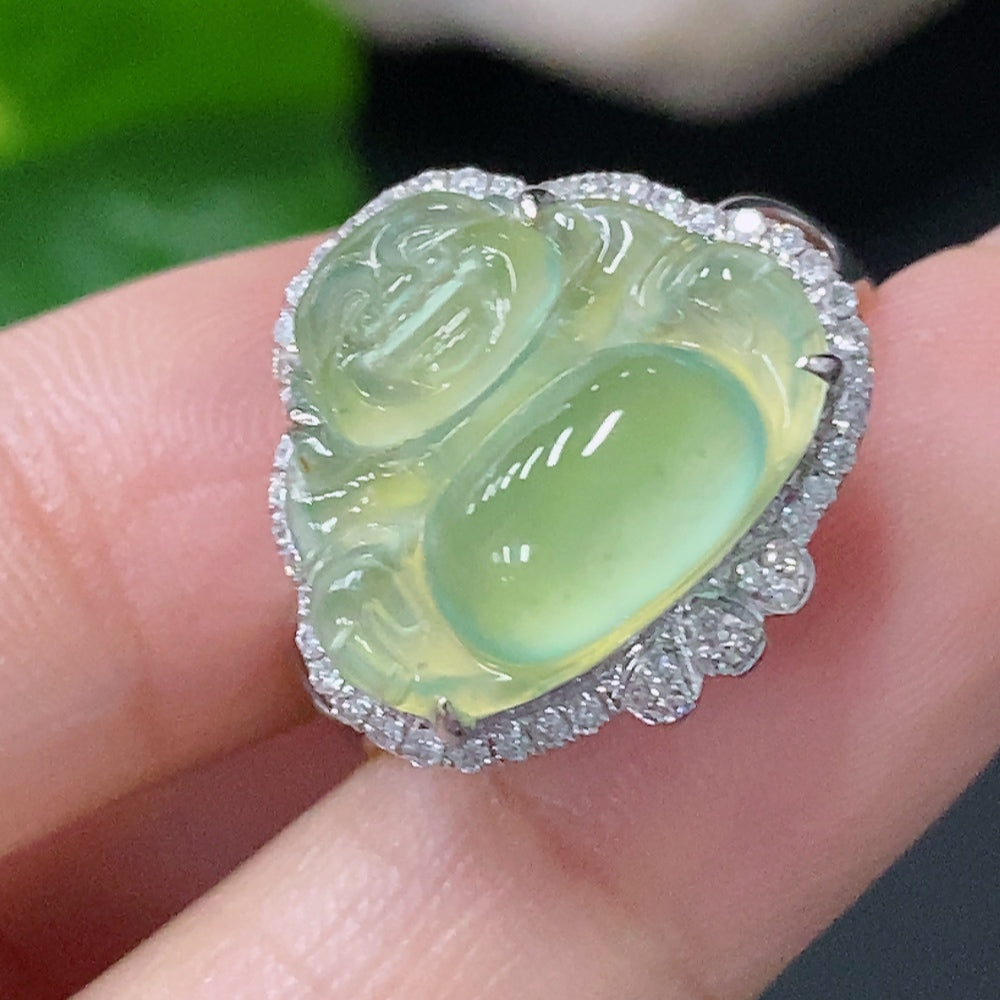 HUILIU HQ Jadeite inlaid ring in 18k gold with diamond accent, size 14, weighing approximately 3.52g, showcasing intricate craftsmanship.