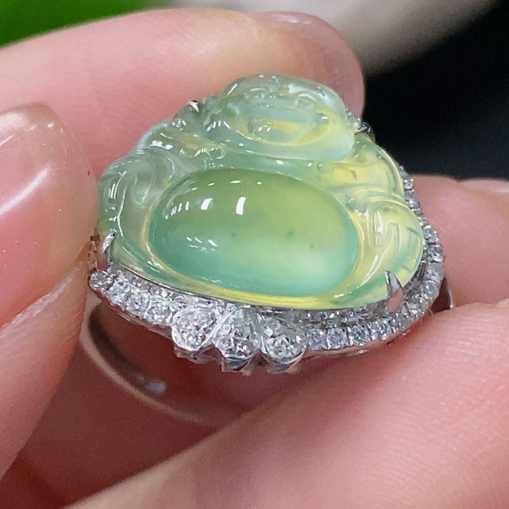 HUILIU HQ jadeite inlaid ring in 18k gold with diamond accent, size 14, weighing approximately 3.52g, showcasing elegant craftsmanship.