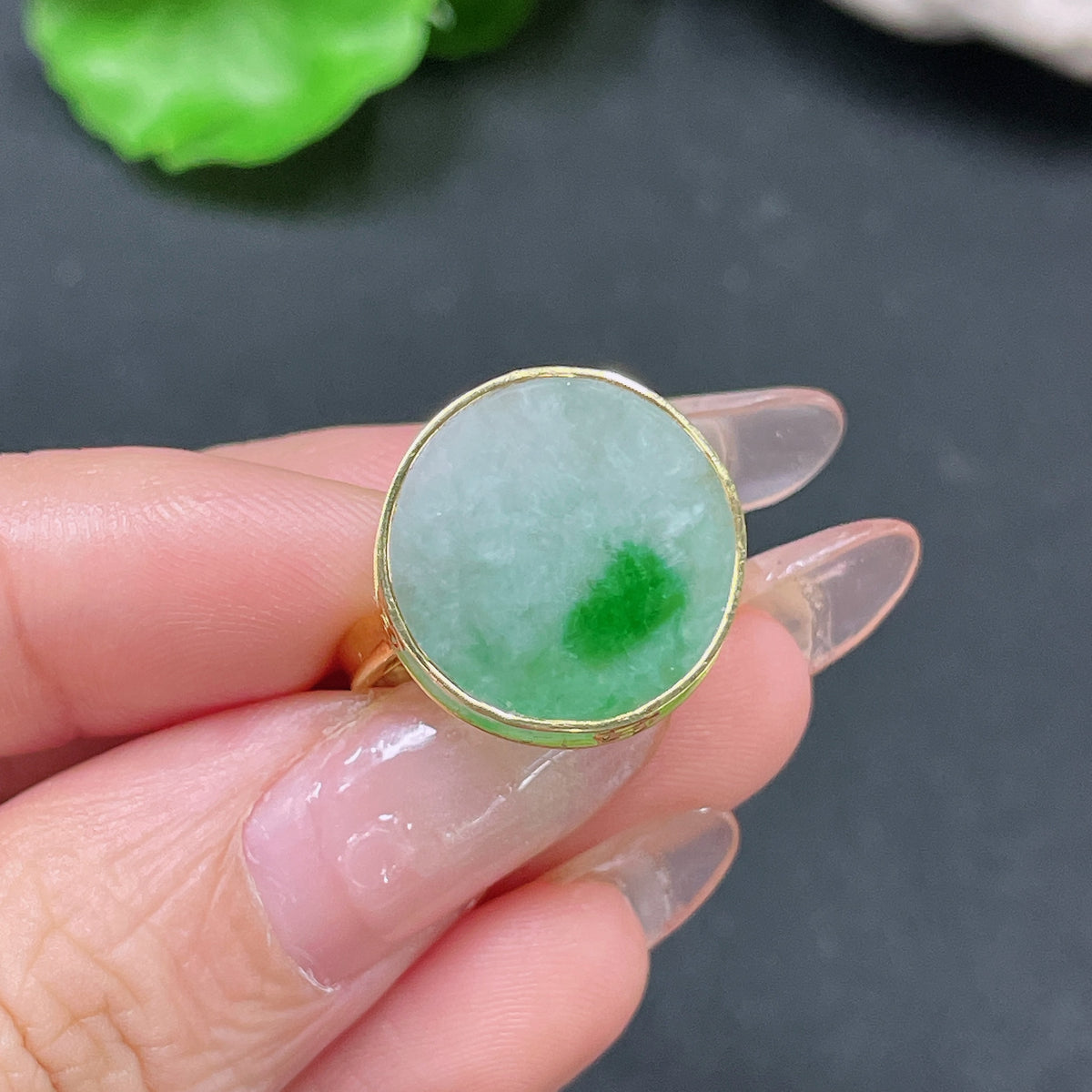 Huiliu HQ jadeite inlaid ring band with 66% jade content, featuring a polished jade ring with intricate inlay design.
