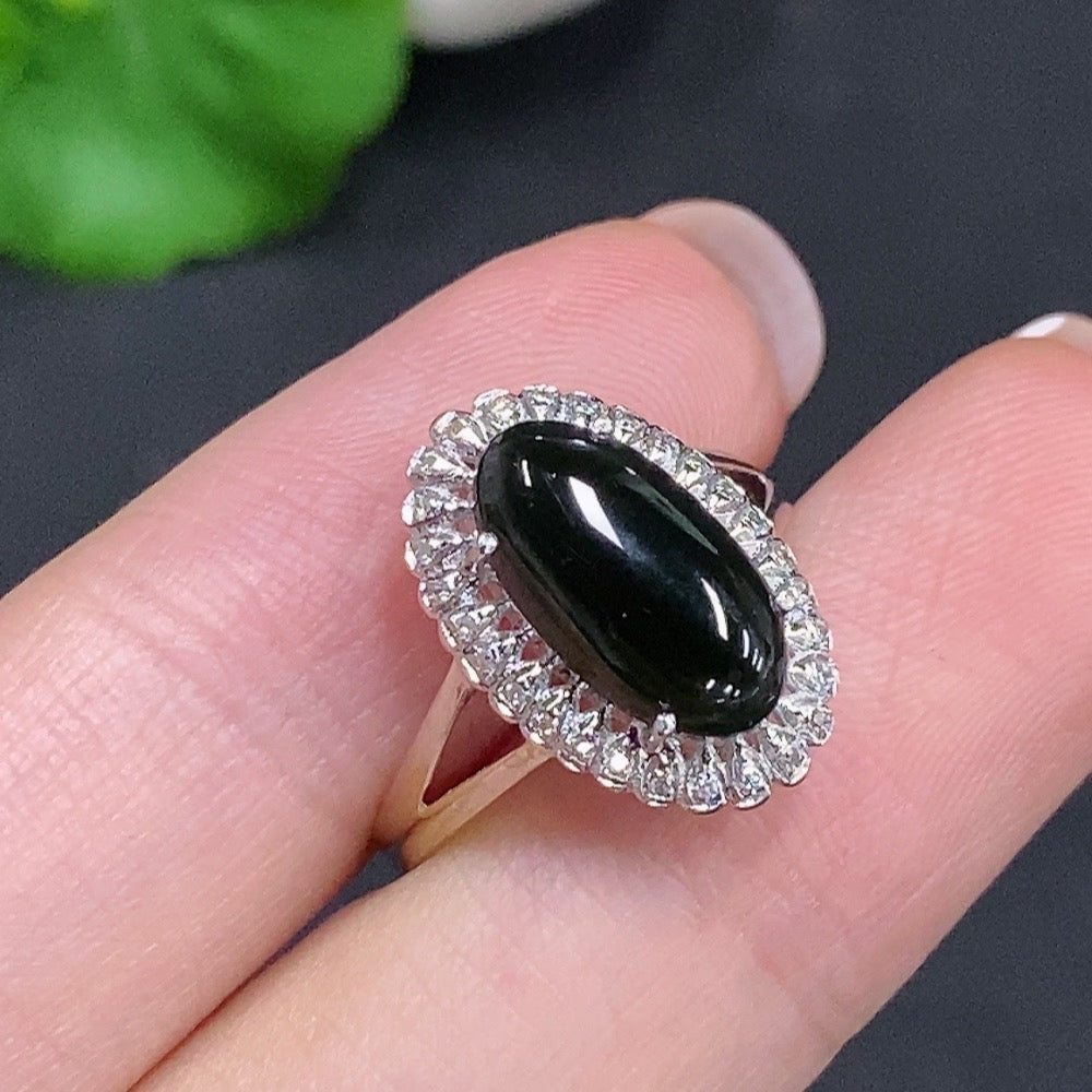 Huiliu HQ jadeite inlaid ring with no mark surface, crafted from natural jade, certified by Huiliu, non-diamond jewelry accessory