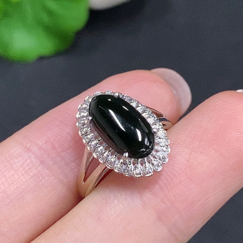 Huiliu certified jadeite inlaid ring with no mark surface, featuring intricate jade design, non-diamond, elegant jewelry piece