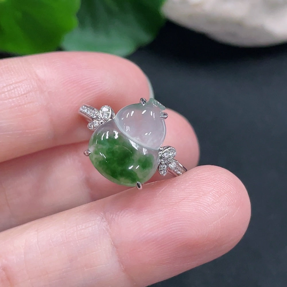 HUILIU HQ jadeite inlaid ring with diamond accents, size 14, 18K gold, total weight about 2.8g, featuring a polished jade stone.