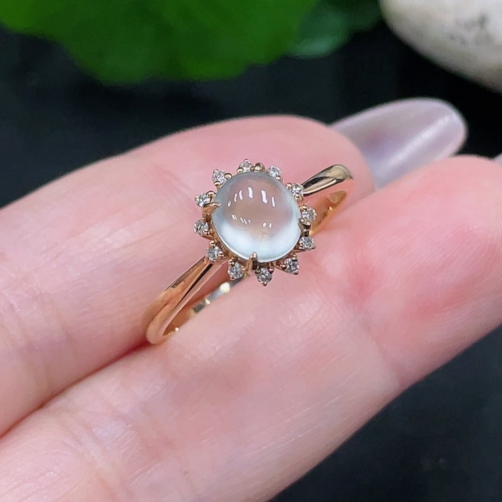 HUILIU HQ Jadeite inlaid ring with diamond accents, size 17, 73% gold, weighing about 2.4g, featuring a polished jade gemstone.