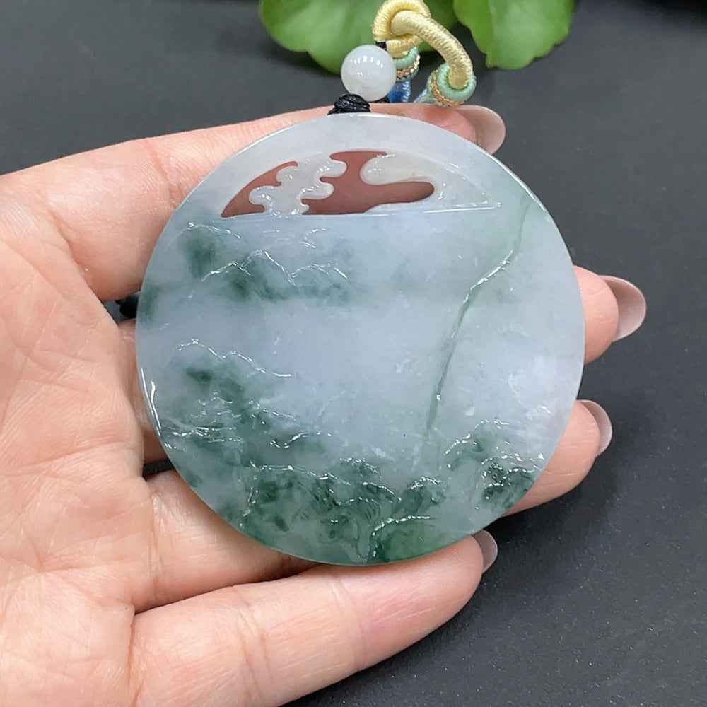 HUILIU HQ Jadeite landscape pendant, natural green jade with detailed carved scenic design, weighs 52.048g.
