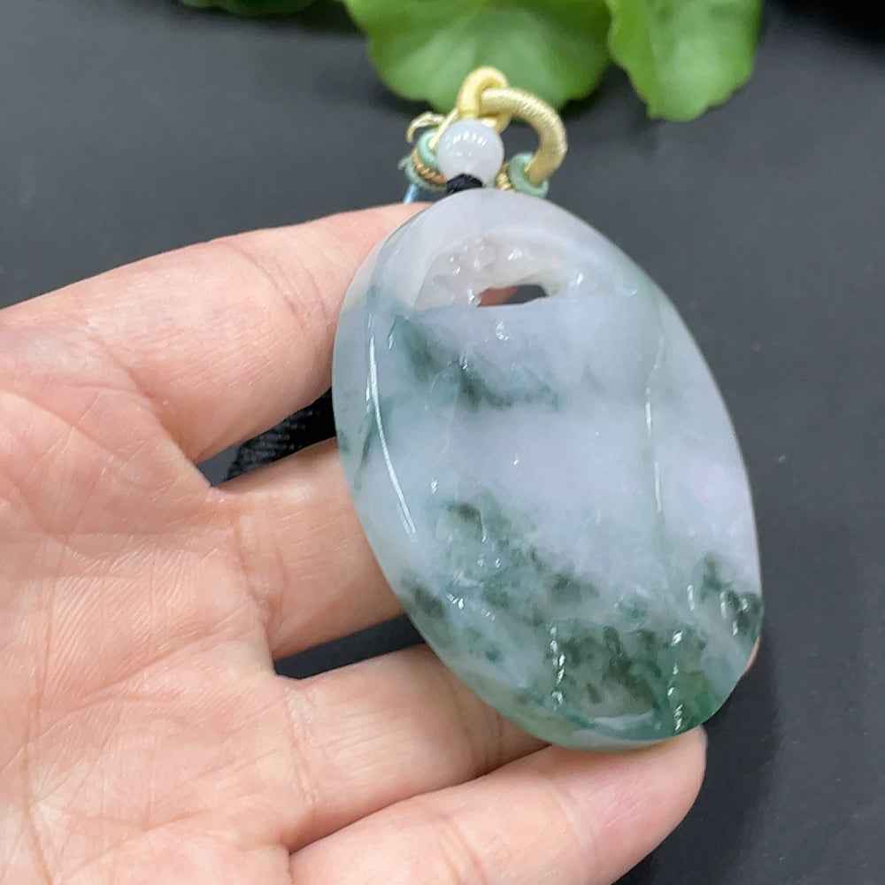 Jadeite landscape pendant by HUILIU HQ featuring a detailed green jade pendant with natural landscape design, weighing 52.048g.