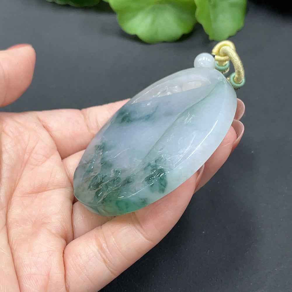 Huiliu HQ jadeite landscape pendant, detailed green jade design, weighs 52.048 grams, showcasing intricate craftsmanship.