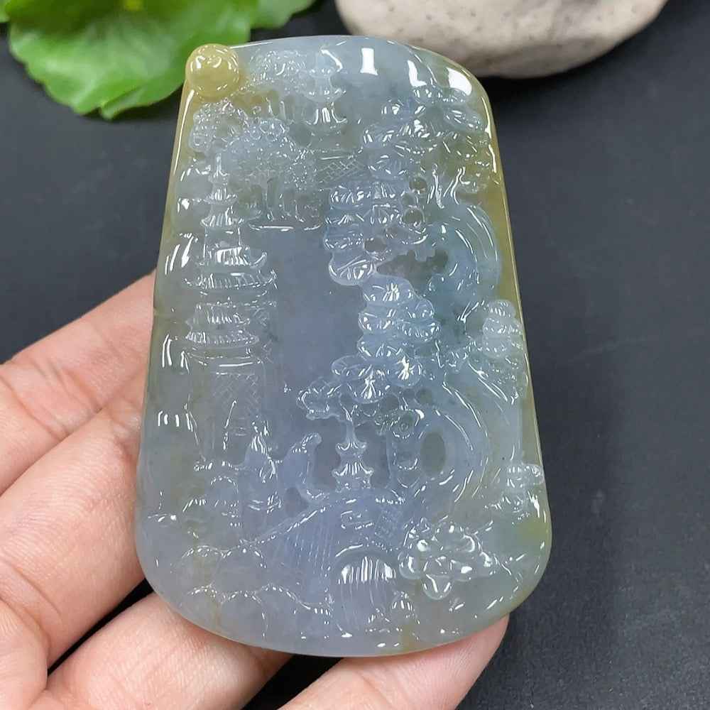 HUILIU HQ jadeite landscape pendant showing detailed carved jade design, total weight 47.933g, natural green and brown hues