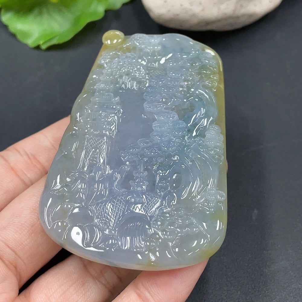 HUILIU HQ jadeite landscape pendant showcasing intricate carved jade design, weighs 47.933 grams.