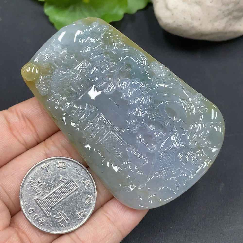 HUILIU HQ jadeite landscape pendant, detailed green jade jewelry, weighs approximately 47.9 grams, featuring a scenic design.