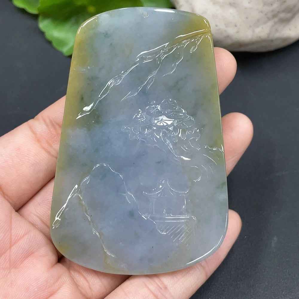 HUILIU HQ jadeite landscape pendant showcasing intricate natural green jade design, weighing 47.933 grams.