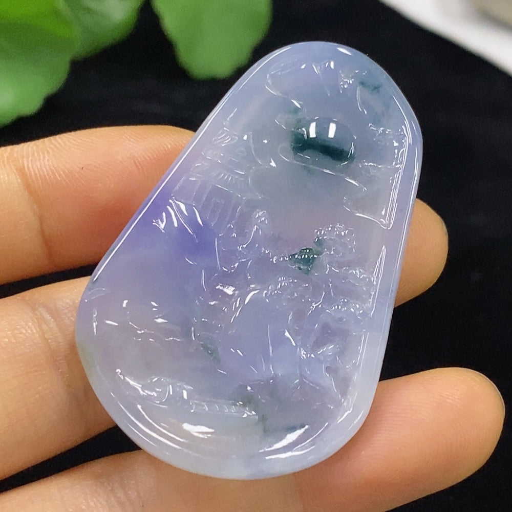 HUILIU HQ jadeite landscape pendant, detailed green jade jewelry, approximately 17.2g weight, natural stone craftsmanship