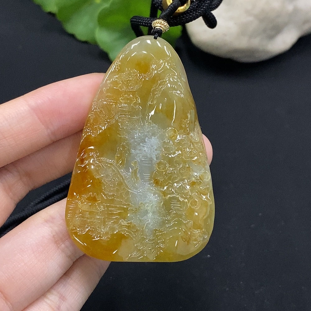 HUILIU HQ jadeite landscape pendant in yellow color, weighing approximately 29.34g, with an intricate natural jade design.