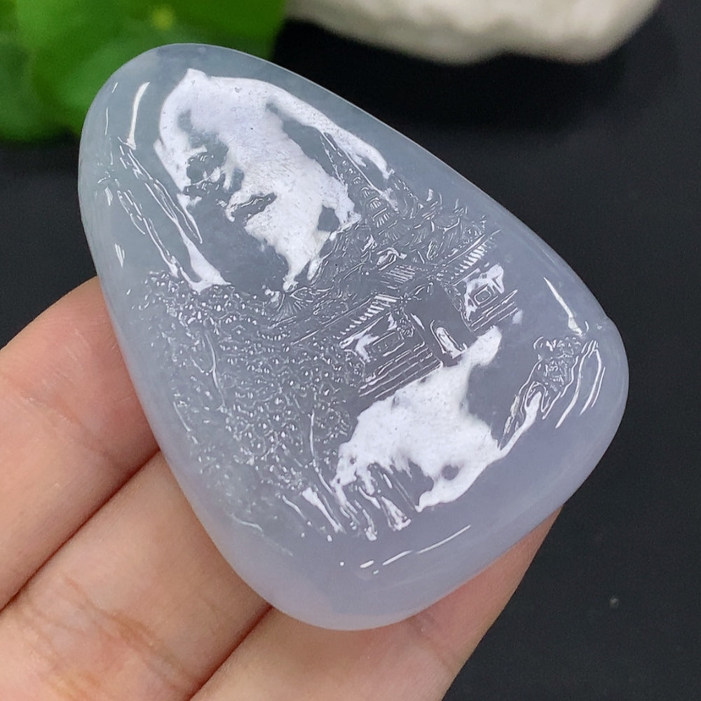 HUILIU HQ jadeite landscape pendant, detailed jade jewelry with natural green and brown hues, approx. 35.7g weight.