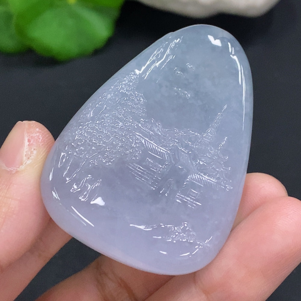 HUILIU HQ jadeite landscape pendant, natural green jade with detailed carved scenery, weighs approximately 35.7g.