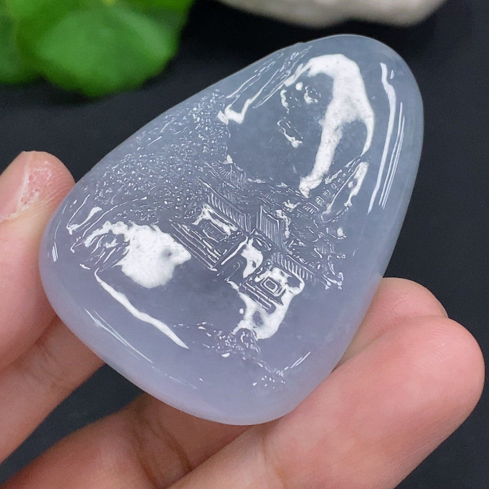 HUILIU HQ jadeite landscape pendant, detailed carved jade jewelry, approx. 35.7g, showcasing intricate nature scene design.