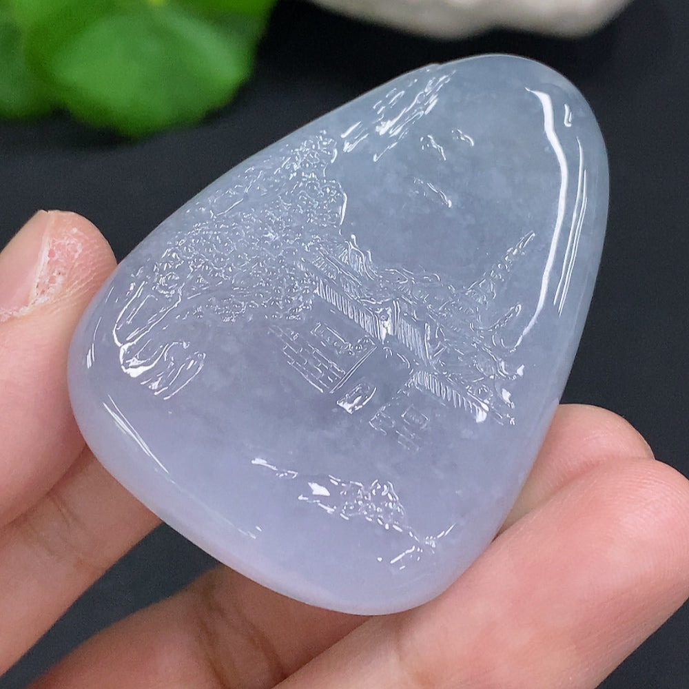 HUILIU HQ jadeite landscape pendant showcasing intricate natural jade design, weighing approximately 35.7 grams.