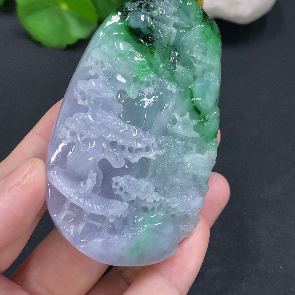 HUILIU HQ jadeite landscape pendant with cord, featuring a natural jade design and mineral components, weighing approximately 100.5g.