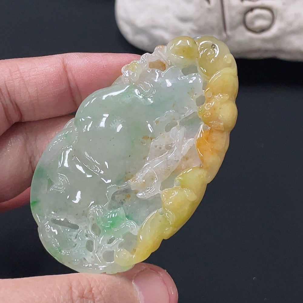 HUILIU HQ jadeite lotus leaf fish pendant weighing approx. 27.26g, natural green jade jewelry with intricate leaf and fish design