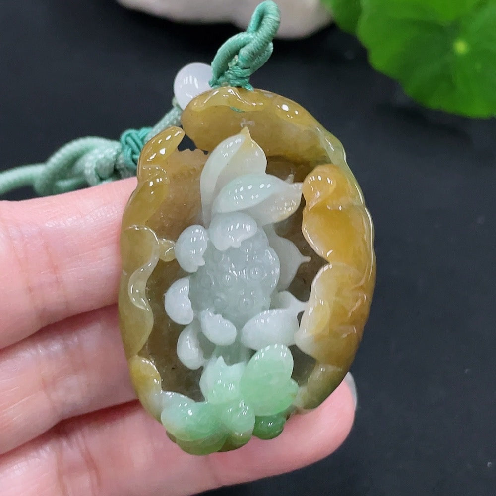 HUILIU HQ jadeite lotus pendant weighing approximately 45.3g with rope, featuring undetermined bead color, not Grade A jade.