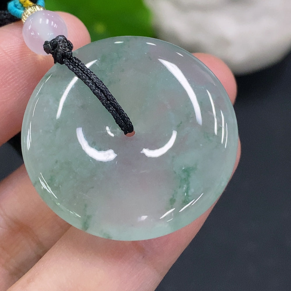 HUILIU HQ jadeite Peace Knot pendant with rope, approximately 12.5g, featuring intricate jade design and natural green color.