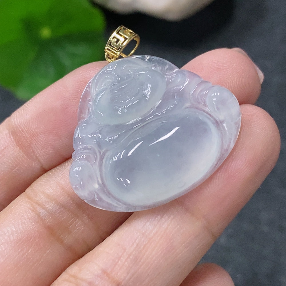 Huiliu Certified Jadeite Pendant featuring a Buddha figure, crafted from green jade with intricate carvings and a polished finish.