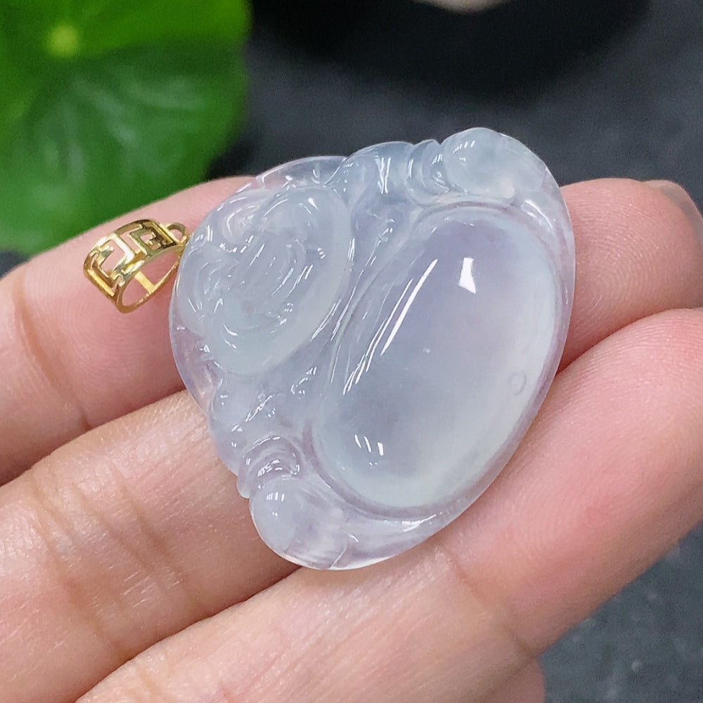 Huiliu Certified Jadeite Pendant featuring a carved Buddha figure, smooth green jade with polished surface.