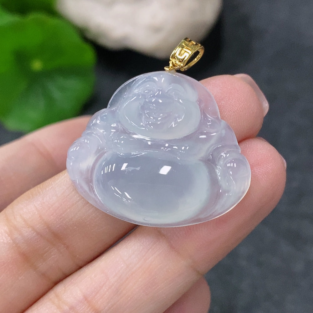 Jadeite Buddha pendant in 18K gold, handcrafted jewelry with a total weight of 5.17g, from HUILIU HQ.