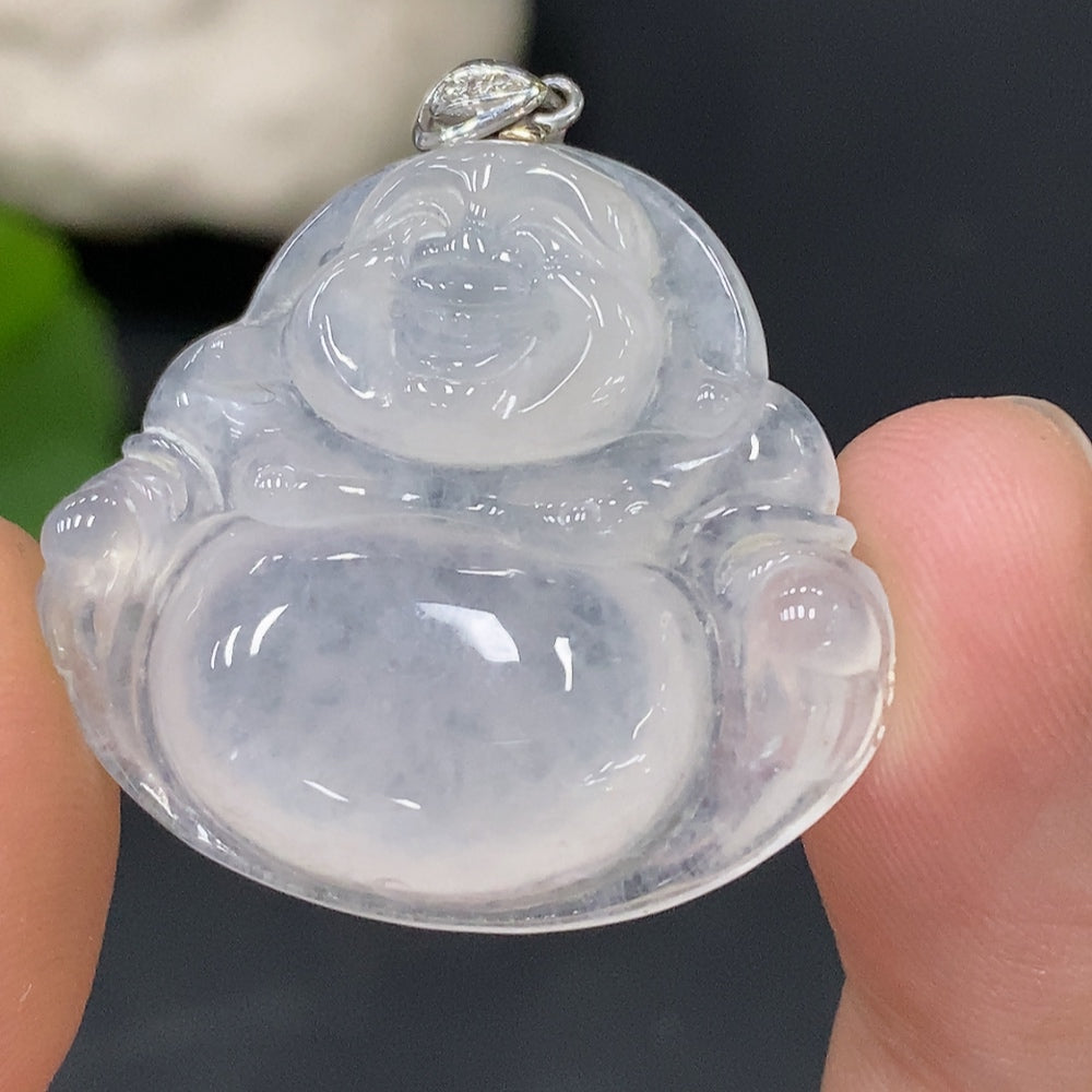 Huiliu HQ jadeite Buddha pendant with bail, featuring a polished green jade stone, certified by Huiliu for quality and craftsmanship.