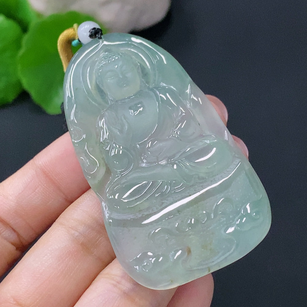 HUILIU HQ jadeite pendant Buddha plaque with a detailed carved Buddha design, weighing approximately 26.54g, made from green jade.