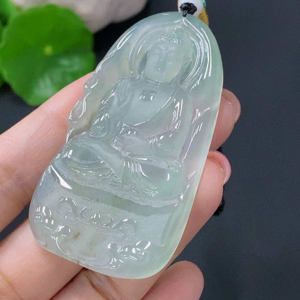 Jadeite Buddha pendant plaque from HUILIU HQ, carved jade jewelry piece weighing approximately 26.54g, featuring intricate Buddha design.